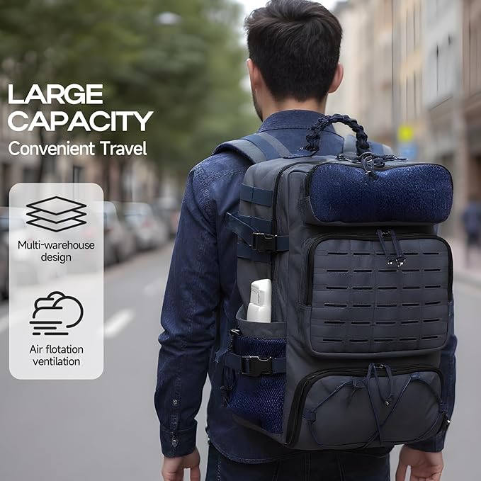 Tactical Backpack for Men Military Backpack with Shoe Compartment Travel Hiking Hunting Gear Bag with Molle System Blue