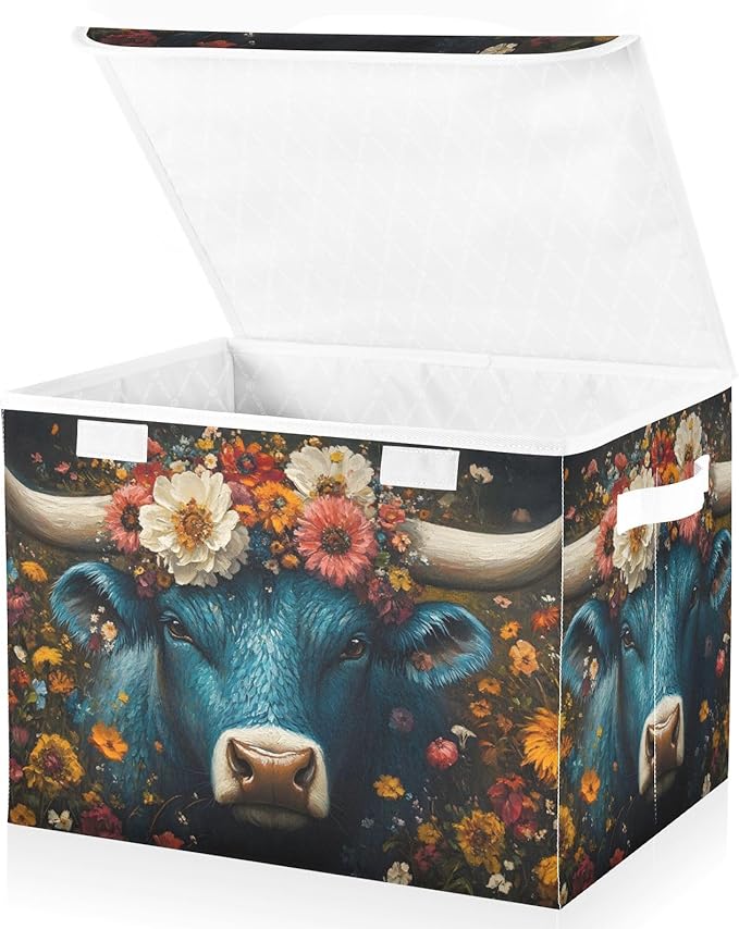 AIXIWAWA Lidded Storage Cube (Cow Flowers) Fabric Foldable Closet Bins with Flip Lid and Handles Organizer Basket Container 16.5 x 12.6 x 11.8 IN