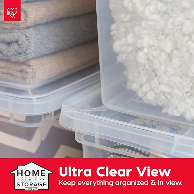 IRIS USA 12-Pack Storage Bins with Lids 68 Quart Clear Stackable Containers Box Organize Shoes Closet Shelves Clothes Blankets Towels - BPA-Free Plastic