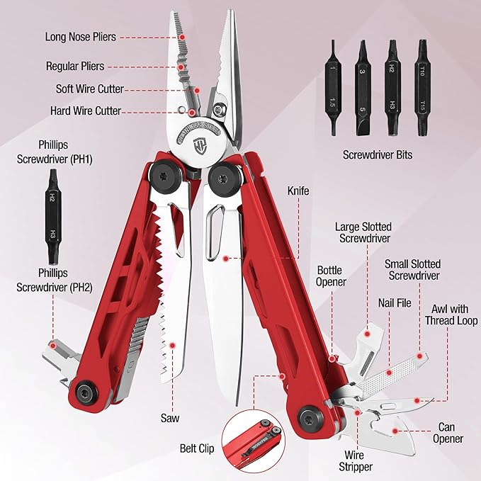 WORKPRO 24-in-1 Mutitool Stainless Steel Multitool Pliers with Pocket Knife and Screwdrivers EDC Self-locking Multi Tool with Sheath Belt Clip for Outdoor Activities Gifts for Men Red
