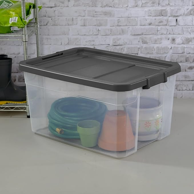 76 Quart Heavy-Duty Stacker Box – Clear Plastic Storage Bin with Secure Latch Lid Ideal for Home Garage Closet &amp Basement Organization Dark Gray (2)