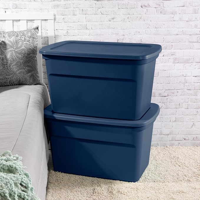 Sterilite 24-Pack Tote Plastic Storage Bins with Snap Lids 30 Gallon Marine Blue - Stackable Home Organizers with In-Molded Handles for Bedroom Garage Basement and Attic