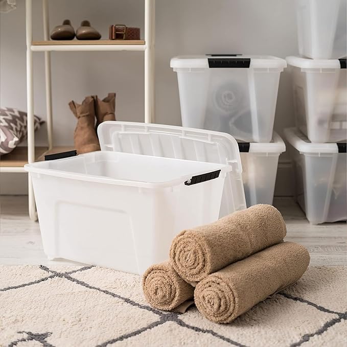 IRIS USA 8 Pack Stackable Storage Bin 32 Quart Plastic Container Totes with Latching Lids for Home and Office Organization Pearl