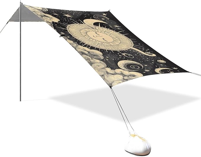 ALAZA Hand Drawn Sun Moon Clouds Beach Tent Sun Shelter UPF50+ Protection Beach Shade Canopy w/ 4 Sandbags for Outdoor Camping Fishing Backyard Fun Picnic 10x9 ft