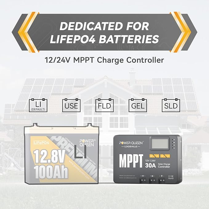 Power Queen 12/24V 30 Amp MPPT Solar Charge Controller with Built-in Bluetooth Support Remote Monitoring Default for LiFePO4 Batteries and Compatible with Sealed Flooded Gel and Lead-Acid Battery