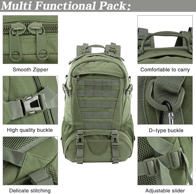 LIMHOO Tactical Backpack for Men Military Molle Bag Hiking Day Pack 27L Army Waterproof EDC Rucksack with USA Flag Patch (Army Green)