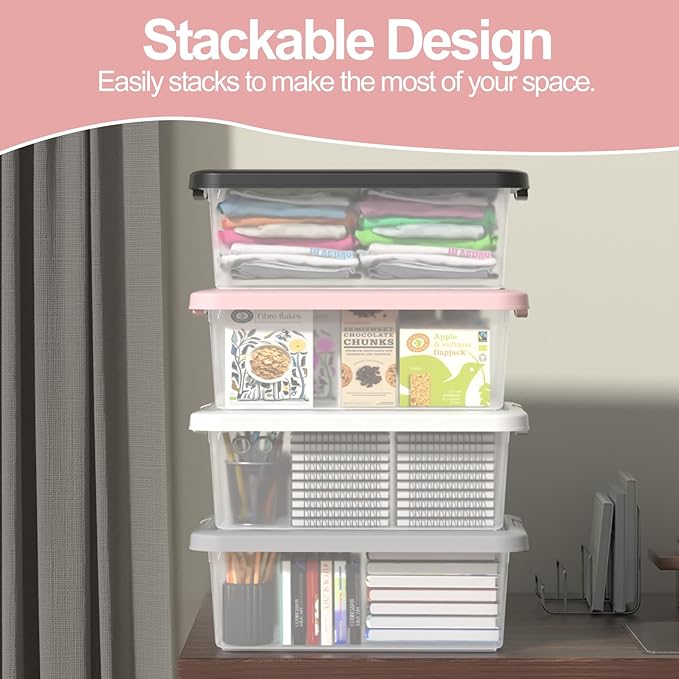 14 Quart Stackable Plastic Storage Bin with Lid Frosted Clear Lidded Storage Latch Box 2 Packs