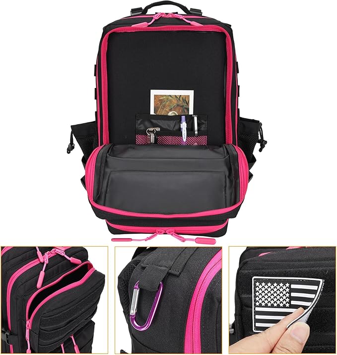 Lovelinks21 25L Tactical Military Backpack Small Travel Backpack for Men and Women Assault Pack Bug Out Bag Molle Daypack Gym Backpack with Bottle Holder (Black Neon Pink)