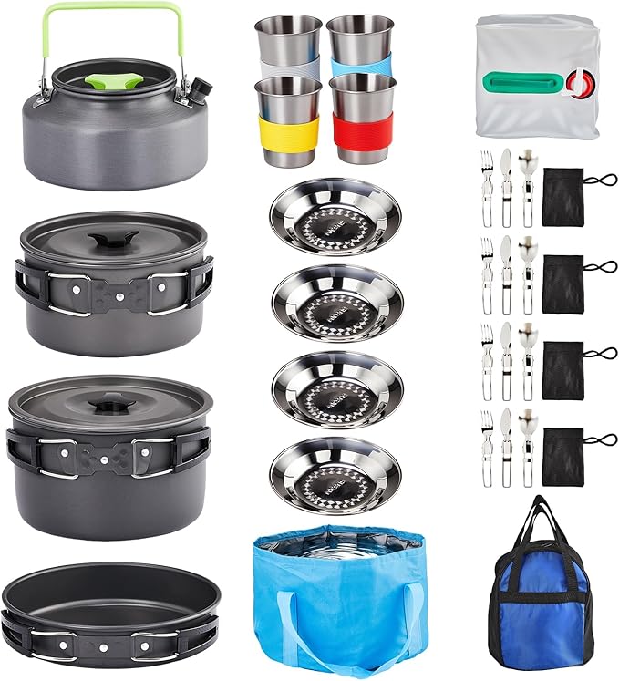 ROVSUN 34/10/6 pcs Camping Cookware Mess Kit Lightweight Non-Stick Camping Cooking Pot and Pan Set with Stainless Steel Camping Gear Kettle Cup for Open Fire Backpacking Outdoor Cooking