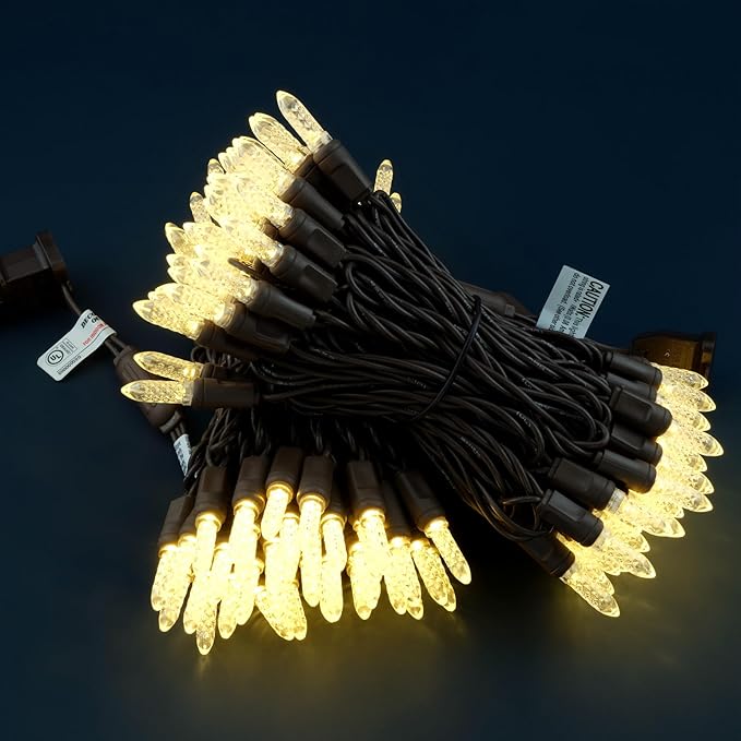 Warm White Faceted One-Piece LED Christmas Lights 48 Feet 140 Count Pack of 2 Strands 70ct M6 High Waterproof UL Certified Brown Cord String Lights