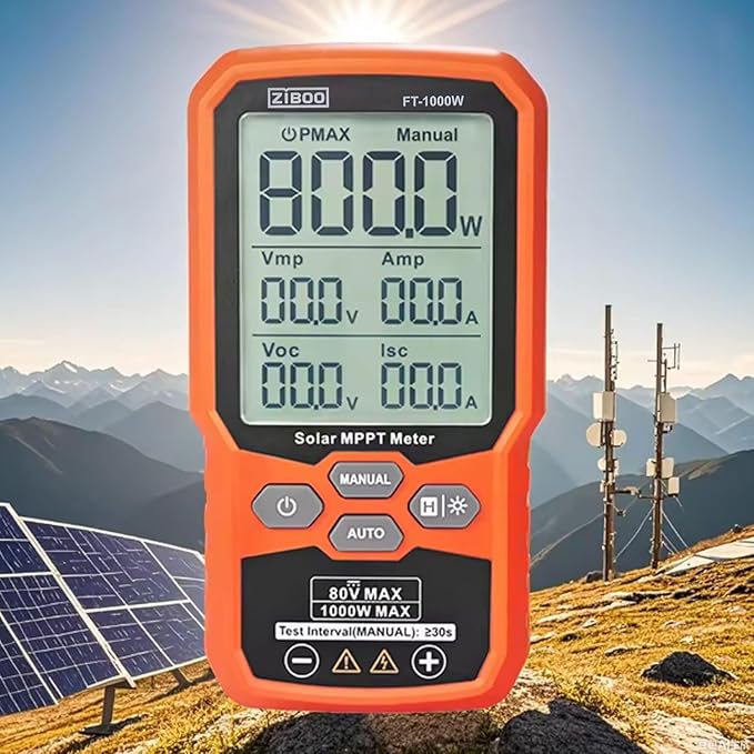 ZIBOO FT-1000W Solar Panel Tester MPPT Meter - 1000W Max Power 80V/35A PV Module Tester for Voc/Isc Open Circuit Voltage &amp Short Circuit Current with Backlight &amp Data Hold