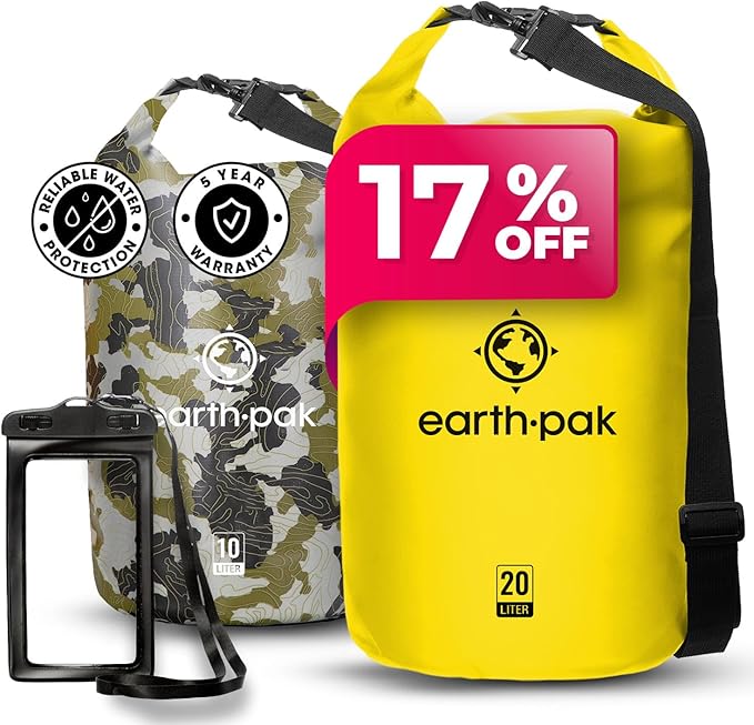 Earth Pak Waterproof Dry Bag - Roll Top Waterproof Backpack Sack (Camo 10L &amp Yellow 20L)