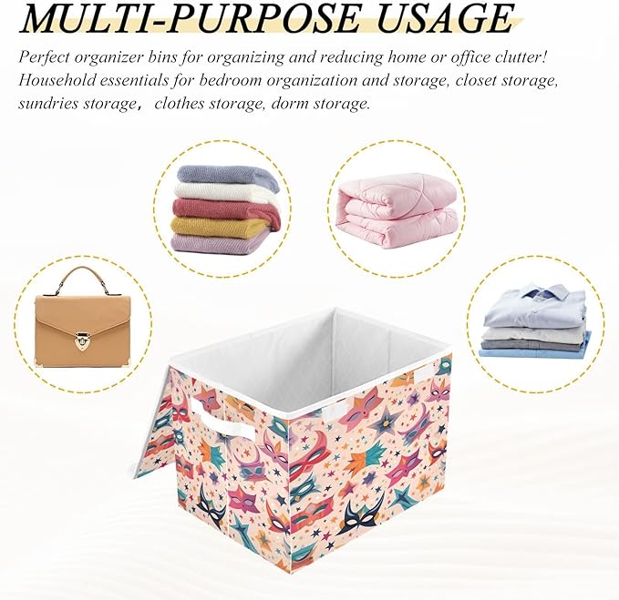 Storage Baskets with Lids Colorful Mask Mardi Gras Collapsible Bins Stackable Fabric Linen Baskets Closet Organizer Container 16.5x12.6x11.8