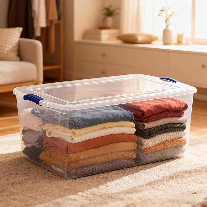 66Qt Large Plastic Storage Bin with Lid Plastic Storage Bin with Durable Lid Stackable and Nestable Clear Tote Container Featuring Blue Buckles Ideal for Organization and Storage Purposes (2-Pack)