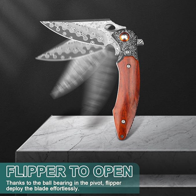 Zingbee Damascus Pocket Knife 3.27” Damascus Blade EDC Folding Knives with Guibourtia Wooden Handle Christmas Ideal for Utility Gift