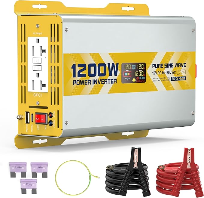 XWJNE 1200W Pure Sine Wave Power Inverter 12V DC to 120V GFCI AC Converter with LCD Display for Home RV Truck Off-Grid Solar Power