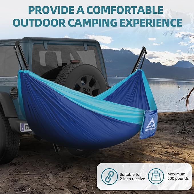 Hitch Mount Hammock Stand - Includes Parachute Nylon Hammock &amp Storage Bag - for 2'' Receiver Fits Class III &amp IV Heavy Duty Trucks for Camping Outdoor Travel (350lbs Weight Capacity)