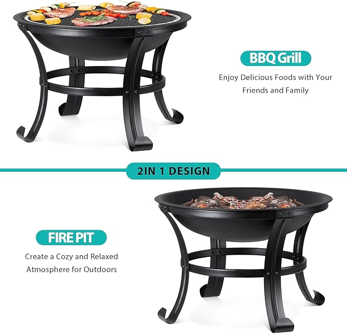 22Inches Fire Pit Outdoor Steel Wood Burning BBQ Grill Firepit Bowl Fireplace with Mesh Screen &amp Fire Poker Log Grate