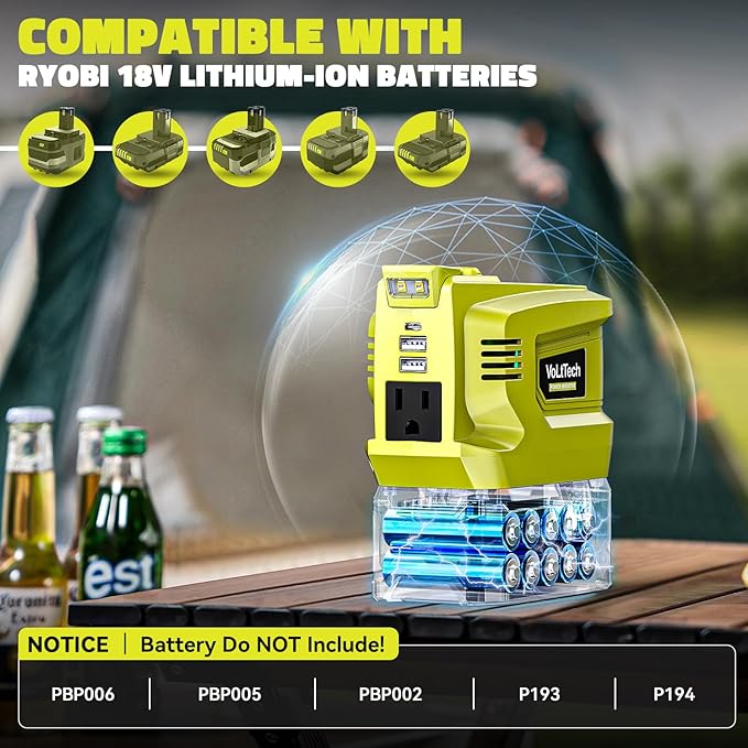 Real 200W Power Inverter Compatible with Ryobi 18V VoLtTech Battery Inverter 18V to 110V-120V Phone Charger USB Charger Adapter Power Adapter with 2 USB Ports &amp 1 Type-C &amp 1 AC Outlet (No Ba