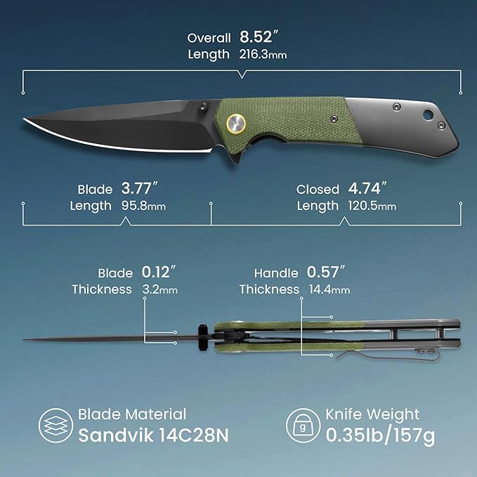 Pocket Knife For Men Folding Pocket Knife With 3.77 Sandvik 14C28N Blade &amp Micarta Handle Flipper Knife With 2-way Assisted Opening EDC Knife With Deep Pocket Clip For Hunting Camping