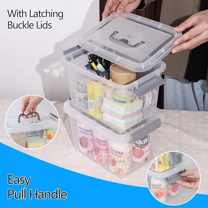 6 Quart Clear Latching Bins with Handle Small Plastic Storage Boxes with Lids 6 Packs