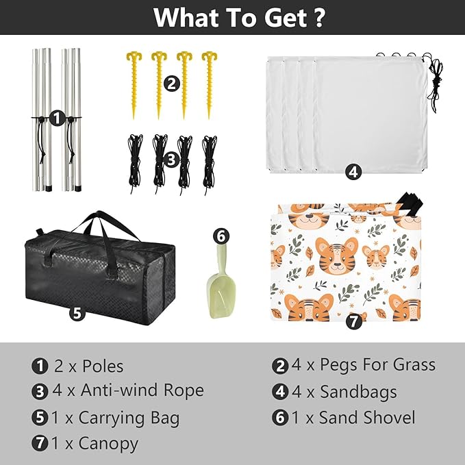 ALAZA Cute Tiger Leaves Cartoon Beach Tent Sun Shelter UPF50+ Protection Beach Shade Canopy w/ 4 Sandbags for Outdoor Camping Fishing Backyard Fun Picnic 10x9 ft