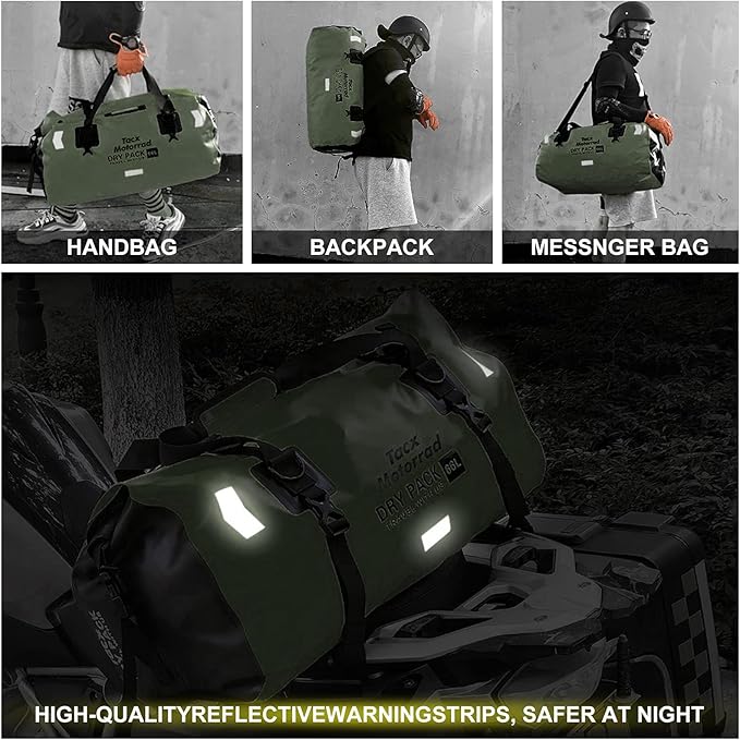 Waterproof Duffel Bag for Men/Women Roll-top Dry Backpack Duffel Bag with Quick-fixed Straps Motorcycle Tail Saddle Bag for Motorcycling Rafting Boating Kayaking Travel 48L-Green
