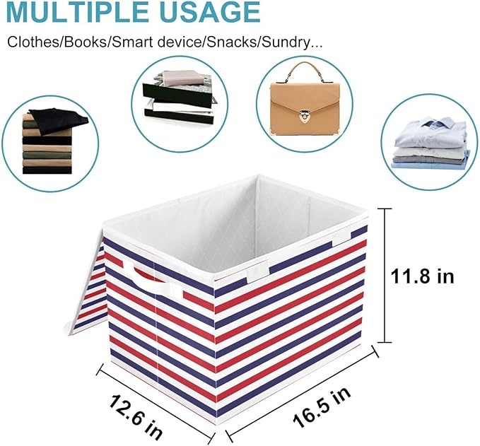 CaTaKu Large Fabric Storage Bins With LidsRed White Blue Stripe Storage Boxes With Handles for Organizing Clothes Collapsible Storage Cube Bins Baskets for Shelves