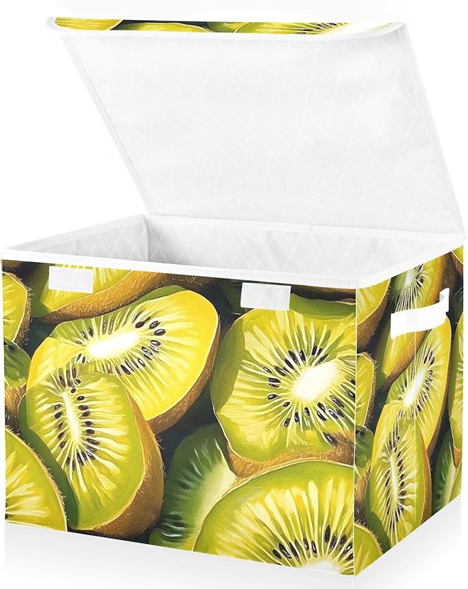 Vintage Kiwi Fruits Storage Cube Bins Basket with Lid Collapsible Flip-top Fabric with Handle for Home Bedroom Closet Office 16.5×12.6×11.8 in