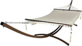 15 Ft. Indoor/Outdoor Heavy Duty Brown Steel Arc Hammock Stand + Deluxe Hand Woven 2 Person Beige Bohemian Chic Rope Hammock Bed. 450Lb Capacity