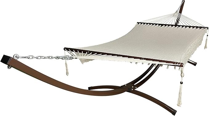 15 Ft. Indoor/Outdoor Heavy Duty Brown Steel Arc Hammock Stand + Deluxe Hand Woven 2 Person Beige Bohemian Chic Rope Hammock Bed. 450Lb Capacity