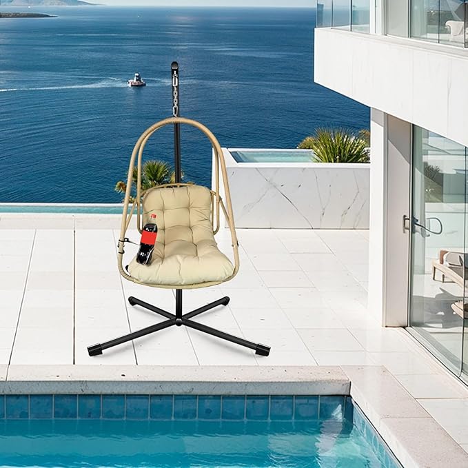Swing Egg Chair with Stand Indoor Outdoor Wicker Rattan Patio Basket Hanging Chair with C Type Bracket with Cushion and PillowPatio Wicker Folding Hanging Chair(Special Construction Cup Holder