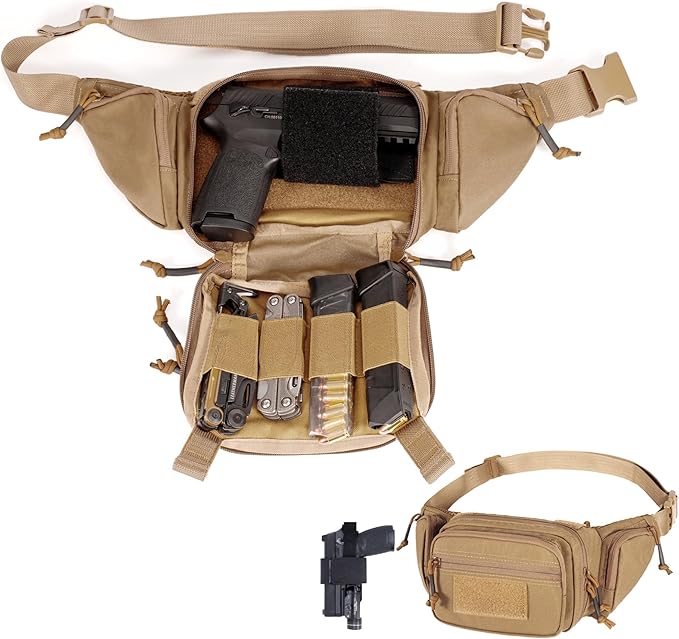 CCW Tactical Fanny Pack for Concealed Carry 500D Nylon Low Profile EDC Waist Bag with Pistol Holster &amp YKK Zippers Everyday Carry Hip Pack (Brown)