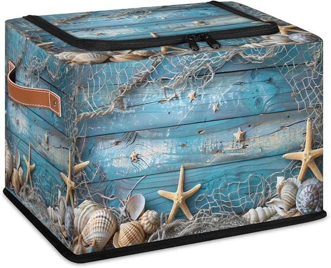 Beach Seashells Storage Bins with Zipper Lid Blue Wooden Fabric Lidded Storage Baskets Cubes with Handles Decorative Foldable Shelf Closet Organizer Container