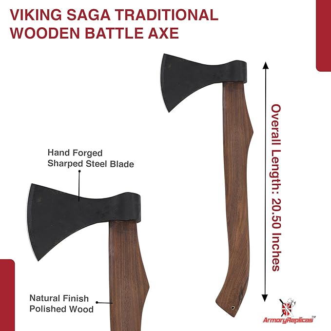 Armory Replicas™ Viking Saga Traditional Wooden Battle Axe Hand-Forged Iron Steel Blade Rustic Finish Fully Functional 20.5” Overall Length Perfect for Camping Reenactments and Cosplay