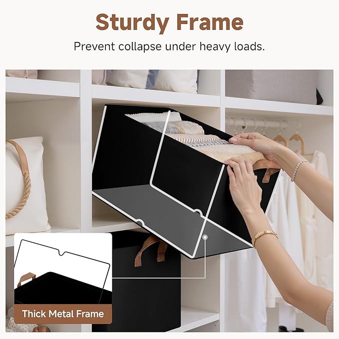 StorageWorks Storage Bins Fabric Storage Bins for Shelves Extra Large Storage Baskets with Metal Frame Closet Baskets and Bins with Handles Jumbo Black 2-Pack