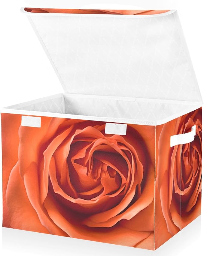 Close Red Floral Storage Cube with Lid Collapsible Flip-top locker Fabric Storage Bins Basket with Handle for Home Bedroom Closet Office 16.5×12.6×11.8 in