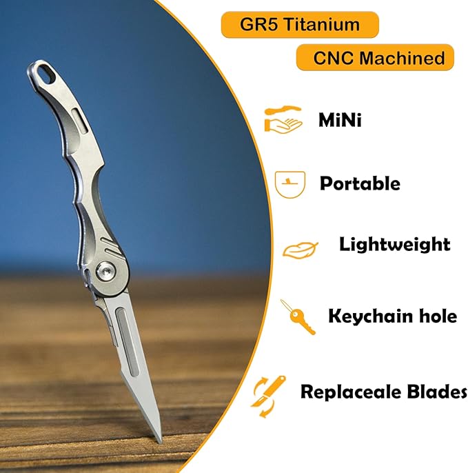 Mini Titanium Practical Pocket Folding Knife for Daily Use Equipped with 5 No. 11 quick change blades only 13.3g and a large keyhole at the bottom for easy carrying