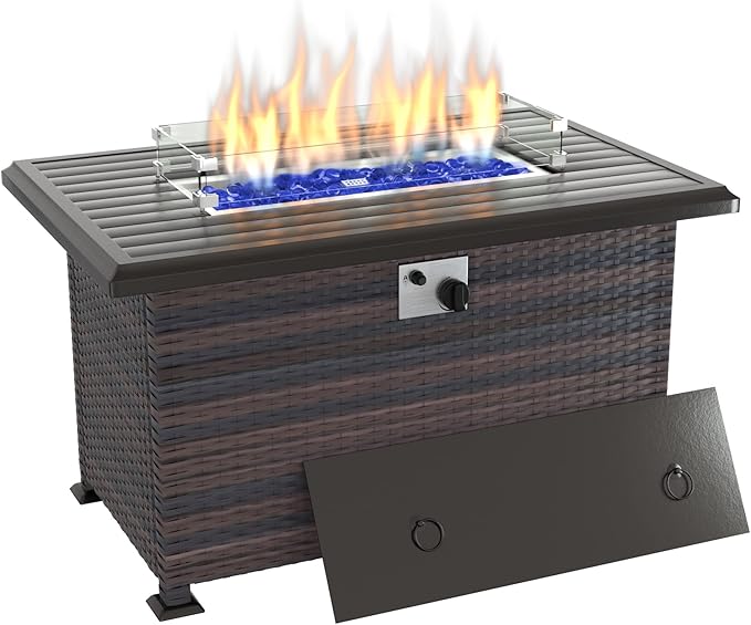 Kurapika Propane Fire Pit Table 43 Inch 55000 BTU Auto-Ignition CSA Certification Outdoor Rattan Gas Fire Pits with Slide Out Tank Holder Outdoor Fire Tables Wider Desktop Windshield and Lid