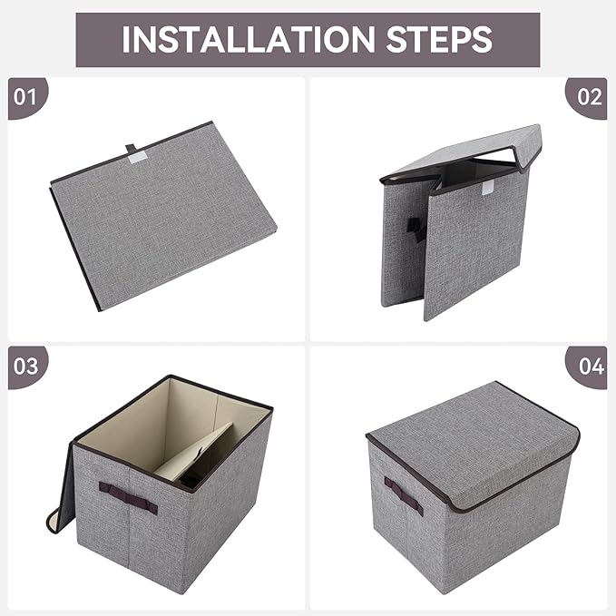 Bagnizer Large 17 42 Quarts Collapsible Stackable Storage Bins with Lids [3-Pack] Foldable Fabric Linen Storage Boxes Cube Closet Organizer Baskets with Label for Home (16.7 x 12 x 12 Gray)