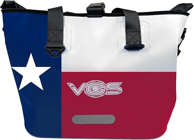VOS Waterproof Premium Texas Dry Bag – All-purpose Tote Bag with Zip Pocket (Red Blue White) - Keep Your Gear &amp Personal Items Dry During Hiking Camping and Water Sports