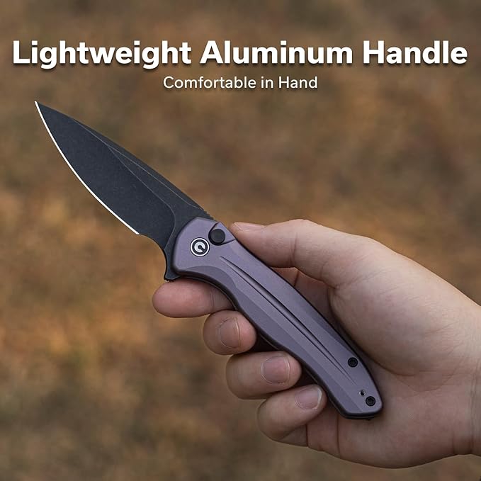 CIVIVI Kitefin EDC Pocket Knife 3.22“ 14C28N Drop Point Blade Folding Knife Aluminum Handle with Reversible Clip for Camping Hiking Hunting C24091-3 Purple