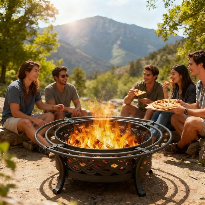 Panovue 36 Inch Fire Pit with 2 LoopsCrossweave Wood Burning Fire Pits for Outsidewith Spark ScreenFire PokerRound Outdoor Firepit for PatioYardGardenCampingBonfire(36''Black)