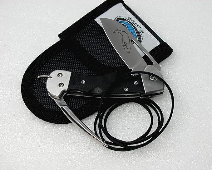 Myerchin BF377 Gen 2 Crew Rigging Knife &amp Marlin Spike - Black G10 Handle - Standard Plain Edge - Crew Bundle with Outdoor Merchants Safety Leather Lanyard - Compact German Marine Stainless Steel