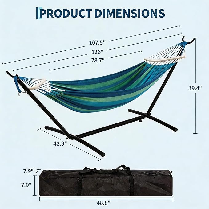 Double Hammock with Heavy Duty Steel Stand – Portable 2 Person Patio Hammock – Space Saving 9FT Frame – 450lb Capacity – Carry Bag Included – Outdoor Camping Backyard Beach – Light and