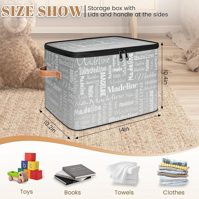 Custom Storage Basket with Name Personalized Keepsake Box with Zipper Lid Foldable Fabric Memory Bin Large capacity with Handle Grey