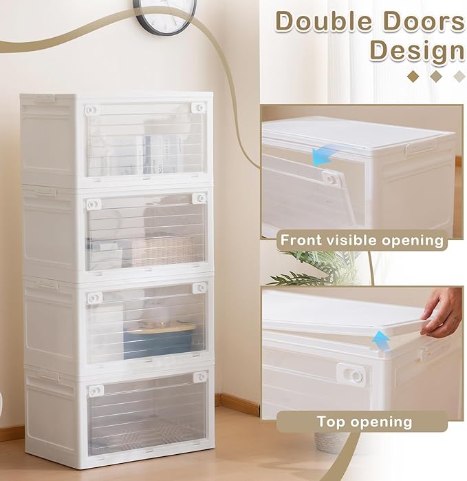 4-Tier 101QT Stackable Storage Bins with Lid Doors &amp Wheels Collapsible Plastic Organizer Bins for Closet Bedroom White