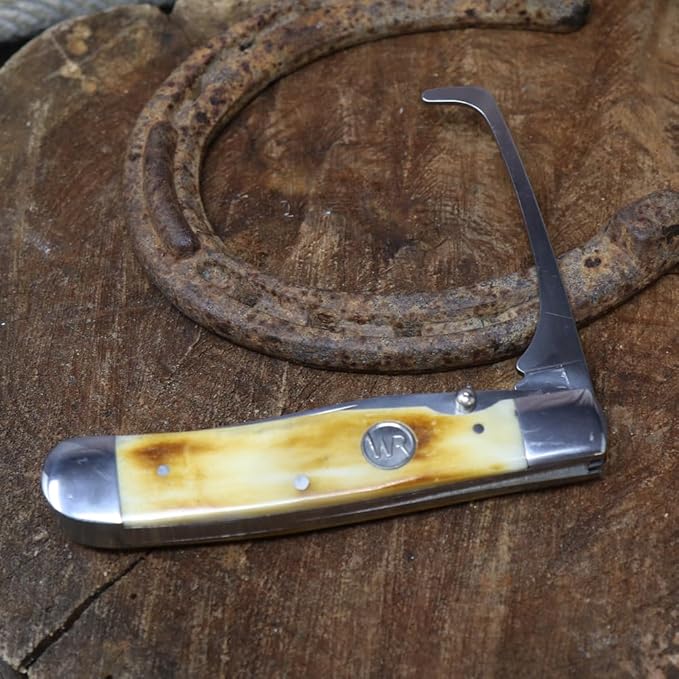 WHISKEY BENT HAT CO. Trapper Folding Pocket Knife with Hoofpick 4.125 Closed Length 440C Stainless Steel Blades (Smooth Burnt Bone)
