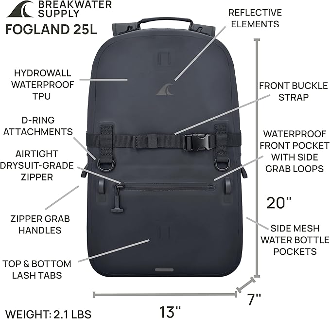 Breakwater Supply™ Fogland Waterproof IP68 Submersible Backpack | Laptop Sleeve &amp Airtight Zippers for Outdoors Travel Boating Kayaking Surfing Floating Dry Bag Unisex TPU (Stealth Black 2