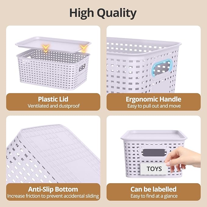 Plastic Storage Basket with Lid Stackable Small Box Bins for Organizing and Containers for Shelves Drawers Desktop Closet Playroom Pantry Classroom Office Home 8 Pack 10.2x7.2x4.1 Lavender